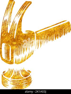Hand drawn claw hammer icon woodworking tool in gold foil texture vector illustration Stock Vector