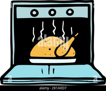 Whole turkey baked in oven. Hand drawn vector color illustration. Stock Vector