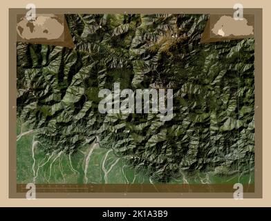 Chhukha, district of Bhutan. Low resolution satellite map. Corner auxiliary location maps Stock Photo