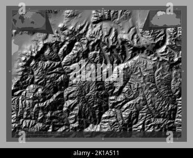 Gasa, district of Bhutan. Bilevel elevation map with lakes and rivers. Corner auxiliary location maps Stock Photo