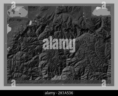 Gasa, district of Bhutan. Grayscale elevation map with lakes and rivers. Corner auxiliary location maps Stock Photo