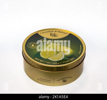NISSWA, MN - 20220119: Container of Lemon flavored sugar coated sour drop candy isolated on a white background. Cavendish and Harvy brand. Stock Photo