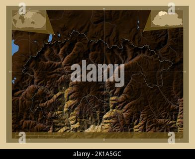 Gasa, district of Bhutan. Colored elevation map with lakes and rivers. Corner auxiliary location maps Stock Photo