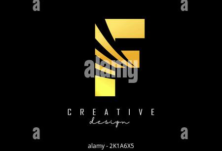 Golden letter F logo with leading lines and negative space design. Letter with geometric and creative cuts design. Vector Illustration with letter. Stock Vector