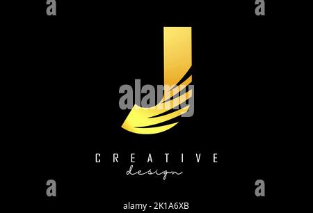 Golden letter J logo with leading lines and negative space design. Letter with geometric and creative cuts design. Vector Illustration with letter. Stock Vector