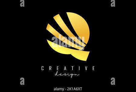 Golden letter Q logo with leading lines and negative space design. Letter with geometric and creative cuts design. Vector Illustration with letter. Stock Vector