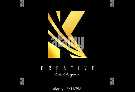 Golden letter K logo with leading lines and negative space design. Letter with geometric and creative cuts design. Vector Illustration with letter. Stock Vector