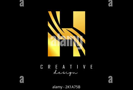 Golden letter H logo with leading lines and negative space design. Letter with geometric and creative cuts design. Vector Illustration with letter. Stock Vector