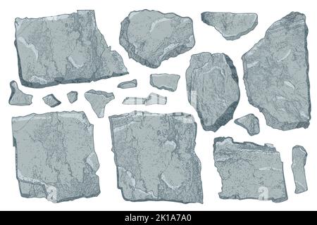 Stone set. Cartoon art broken rock blocks. Realistic texture debris mountain isolated on white. Natural boulder wall shape. Watercolor style. Cliff Stock Vector
