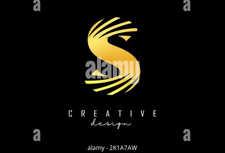 Golden letter S logo with leading lines and negative space design. Letter with geometric and creative cuts design. Vector Illustration with letter. Stock Vector