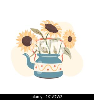 Autumn illustration with sunflowers in teapot. Vector illustration Stock Vector
