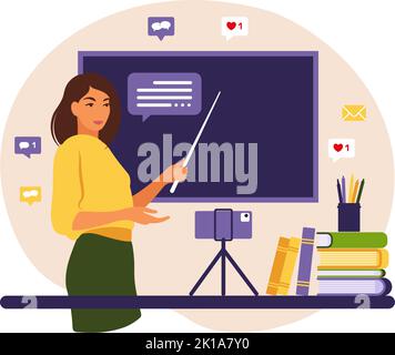 Online learning concept. Teacher at chalkboard, video lesson. Distance study at school. Vector illustration. Flat style. Stock Vector