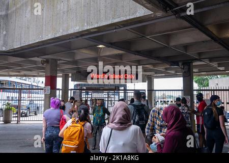 Toronto, Ontario, Canada - July 30 2021 : Jack Layton Ferry Terminal, Passengers queue at the Island Ferry Dock. Ward's Island Ferry wharf. Stock Photo