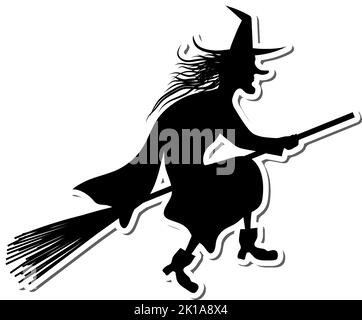 Witch On Broomstick Sticker With Shadow. Over White Background for Creating Halloween Designs.  Vector illustration. Stock Vector