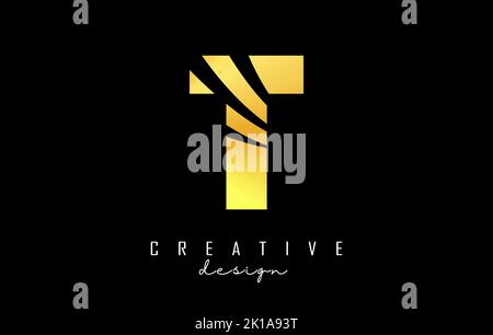 Golden letter T logo with leading lines and negative space design. Letter with geometric and creative cuts design. Vector Illustration with letter. Stock Vector