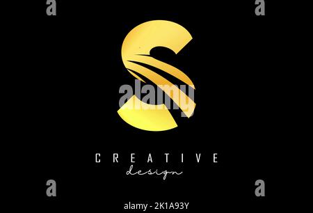 Golden letter S logo with leading lines and negative space design. Letter with geometric and creative cuts design. Vector Illustration with letter. Stock Vector