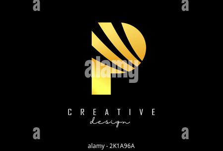 Golden letter P logo with leading lines and negative space design. Letter with geometric and creative cuts design. Vector Illustration with letter. Stock Vector