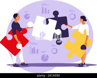 Problem solving. creative decision, difficult task concept. Man and woman assembling puzzle. Cooperation and teamwork. Vector illustration. Flat. Stock Vector