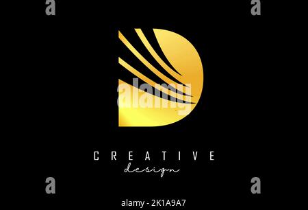Golden letter D logo with leading lines and negative space design. Letter with geometric and creative cuts design. Vector Illustration with letter. Stock Vector