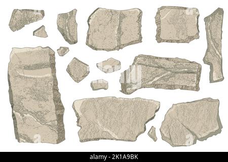 Stone set. Cartoon art broken rock blocks. Realistic texture debris mountain isolated on white. Natural boulder wall shape. Watercolor style. Cliff Stock Vector