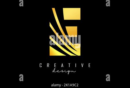 Golden letter E logo with leading lines and negative space design. Letter with geometric and creative cuts design. Vector Illustration with letter. Stock Vector