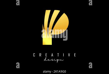 Golden letter P logo with leading lines and negative space design. Letter with geometric and creative cuts design. Vector Illustration with letter. Stock Vector