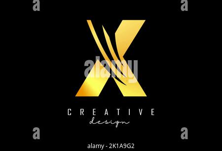 Golden letter X logo with leading lines and negative space design. Letter with geometric and creative cuts design. Vector Illustration with letter. Stock Vector