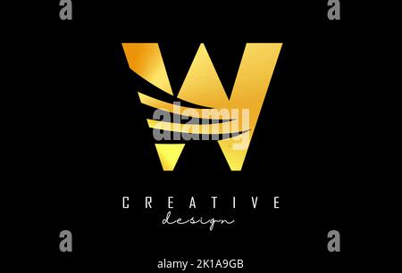 Golden letter W logo with leading lines and negative space design. Letter with geometric and creative cuts design. Vector Illustration with letter. Stock Vector