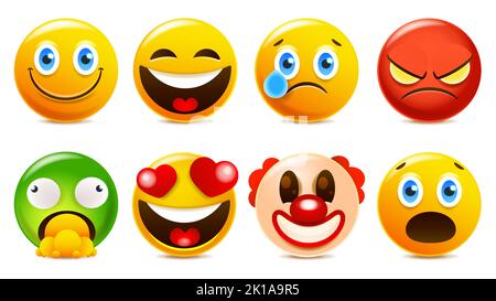 Emoji and emoticon faces vector set. Emojis or emoticons with crazy, surprise, funny, laughing, and scary expressions for design elements isolated in Stock Vector