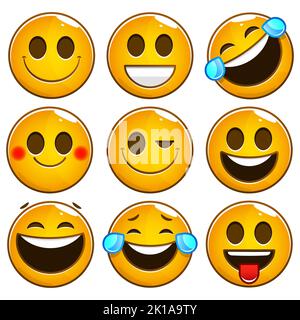 Emoji and emoticon faces vector set. Emojis or emoticons with crazy, surprise, funny, laughing, and scary expressions for design elements isolated in Stock Vector