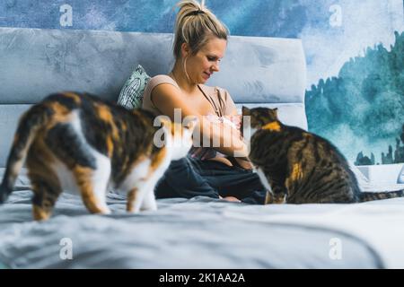 Domestic animals and children concept. Two three-color tabby cats curiously looking at and sniffing their new family member - infant baby held by his casually dressed caucasian mother. High quality photo Stock Photo