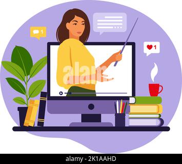 Online learning concept. Teacher at chalkboard, video lesson. Distance study at school. Vector illustration. Flat style. Stock Vector