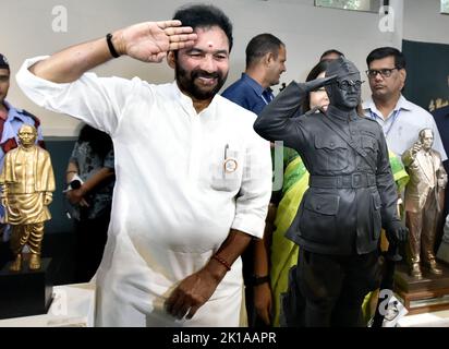 NEW DELHI, INDIA - SEPTEMBER 16: Minister of Tourism, Culture and Development of North Eastern Region of India G. Kishan Reddy and Minister of State for Parliamentary Affairs & Culture Arjun Ram Meghwal, Minister of State External Affairs and Culture Meenakashi looking at the mementos during their visit to an exhibition of mementos presented to Prime Minister Narendra Modi, at National Gallery of Modern Art on September 16, 2022 in New Delhi, India. The online auction of gifts and mementoes received by Prime Minister Narendra Modi started on Friday and will continue till October 2. More than 1 Stock Photo