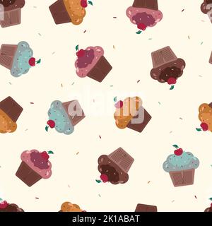 Seamless vector pattern with different cupcakes on a light yellow background. Sweet pastries decorated with cherries, dressing, icing. Party, birthday Stock Vector