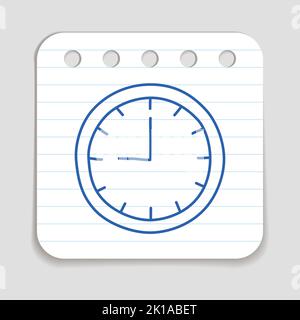 Doodle Wall Clock icon. Blue pen hand drawn infographic symbol on a notepaper piece. Line art style graphic design element. Web button with shadow. Ve Stock Vector
