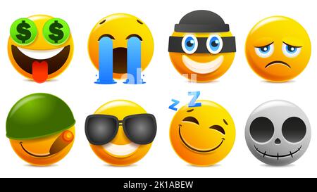 Emoji and emoticon faces vector set. Emojis or emoticons with crazy, surprise, funny, laughing, and scary expressions for design elements isolated in Stock Vector