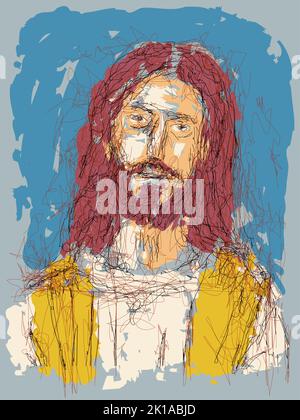 Imaginary face of Jesus Christ, Catholic and Orthodox Christian religion, vector sketch illustration. Stock Vector