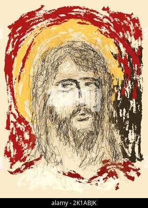 Imaginary face of Jesus Christ, Catholic and Orthodox Christian religion, vector sketch illustration. Stock Vector