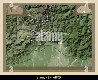 Sarpang, district of Bhutan. High resolution satellite map. Locations of major cities of the region. Corner auxiliary location maps Stock Photo