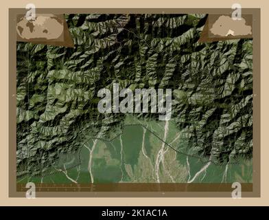 Sarpang, district of Bhutan. Low resolution satellite map. Locations of major cities of the region. Corner auxiliary location maps Stock Photo