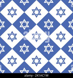 Stars and diagonal squares seamless pattern. The Star of David is an ancient Jewish symbol in the form of a hexagram.  State symbol of Israel. Stock Vector