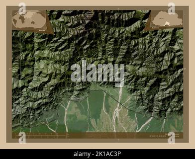 Sarpang, district of Bhutan. Low resolution satellite map. Locations and names of major cities of the region. Corner auxiliary location maps Stock Photo