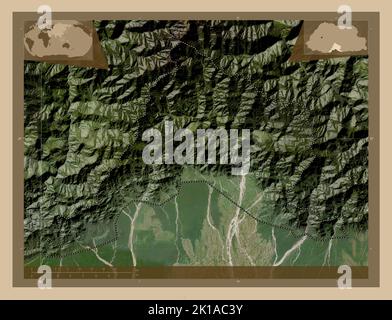 Sarpang, district of Bhutan. Low resolution satellite map. Corner auxiliary location maps Stock Photo