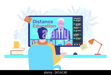 Teacher teaches online student at computer. Old man teacher on monitor screen. Class of diverse students remotely studying online using web app. E-lea Stock Vector