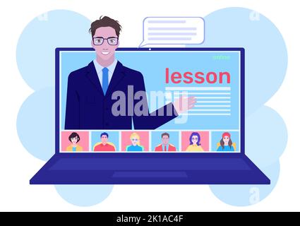 Distance lessons for school pupils or university students. Video course, web seminar, internet class, personal teacher service for home education with Stock Vector