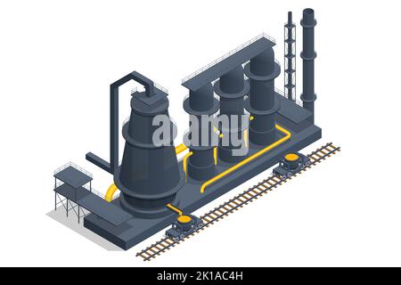 Isometric icons set with Blast furnace slag and pig iron tapping. Iron and steel Industry. Hot steel pouring in steel plant Stock Vector