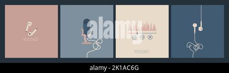 Set of illustrations for podcast cover design. Studio microphone, audio player equalizer, wireless and wired headphones. Vector EPS 10. Stock Vector