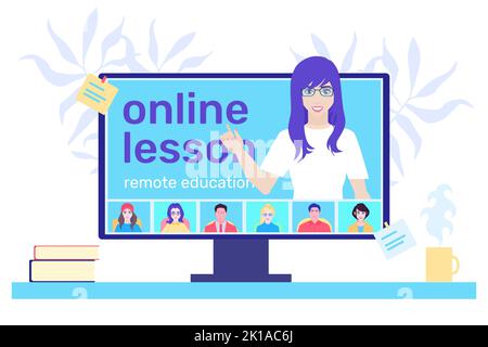 A female teacher leads an online course on a computer. Distance lessons for school pupils or university students. Video course, web seminar, internet Stock Vector