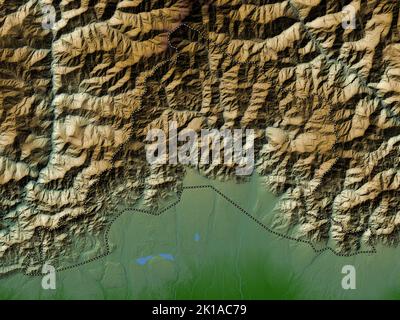 Sarpang, district of Bhutan. Colored elevation map with lakes and rivers Stock Photo