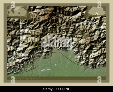 Sarpang, district of Bhutan. Elevation map colored in wiki style with lakes and rivers. Corner auxiliary location maps Stock Photo